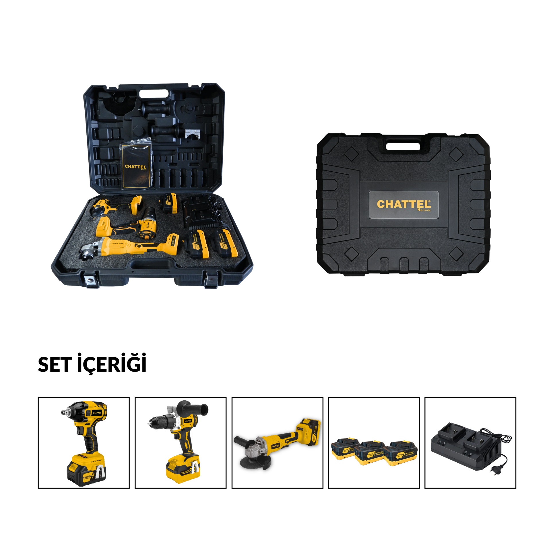 Chattel 3’lü Combo Set (Akülü Darbeli Matkap - Akülü Torklu Vidalama - Akülü Avuç Taşlama)
