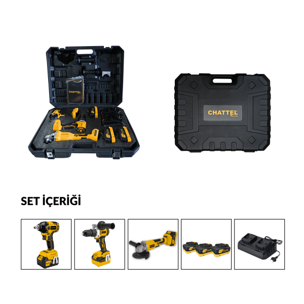 Chattel 3’lü Combo Set (Akülü Darbeli Matkap - Akülü Torklu Vidalama - Akülü Avuç Taşlama)